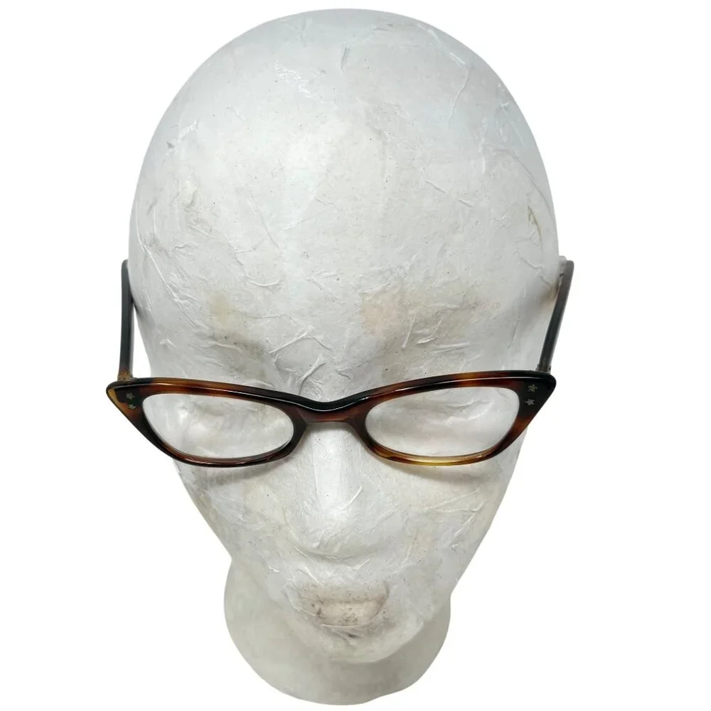 Vintage Womens Cats Eye Glasses +Case Brown Tortoiseshell Plastic Frames Bifocal